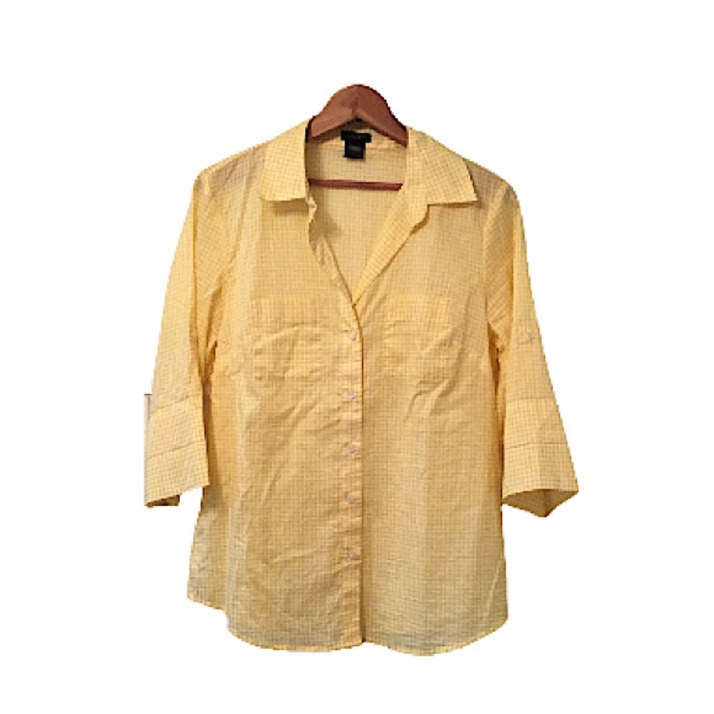Ann Taylor Yellow Gingham 3/4 Length Sleeve Blouse Size 8
